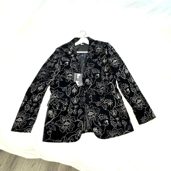 The Kooples women’s glitter flower printed black velvet blazer jacket size 38